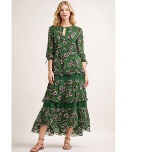 Massimo Dutti Floral Maxi Dress Womens Size 10 Green Cottagecore Boho Tiered